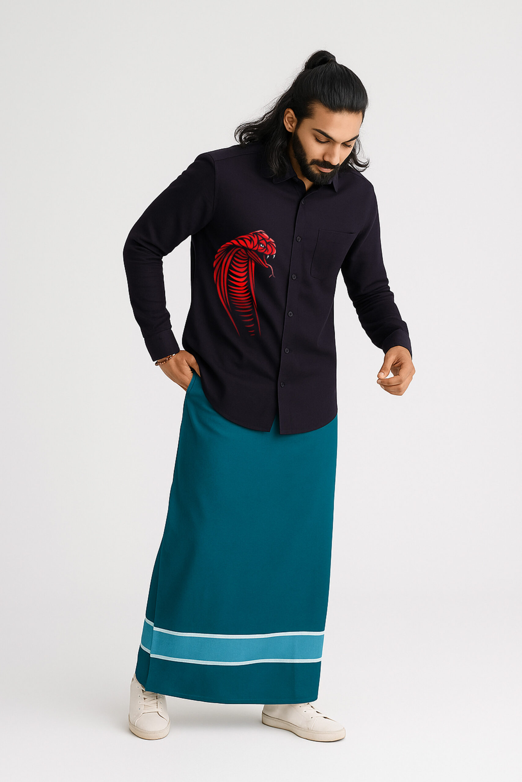 Onam combo Offer | Black Printed Shirt With Blue Mundu