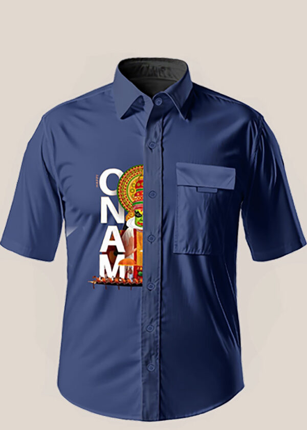 Men’s half sleeve cotton shirt with colorful Kathakali print, perfect for Onam festival wear