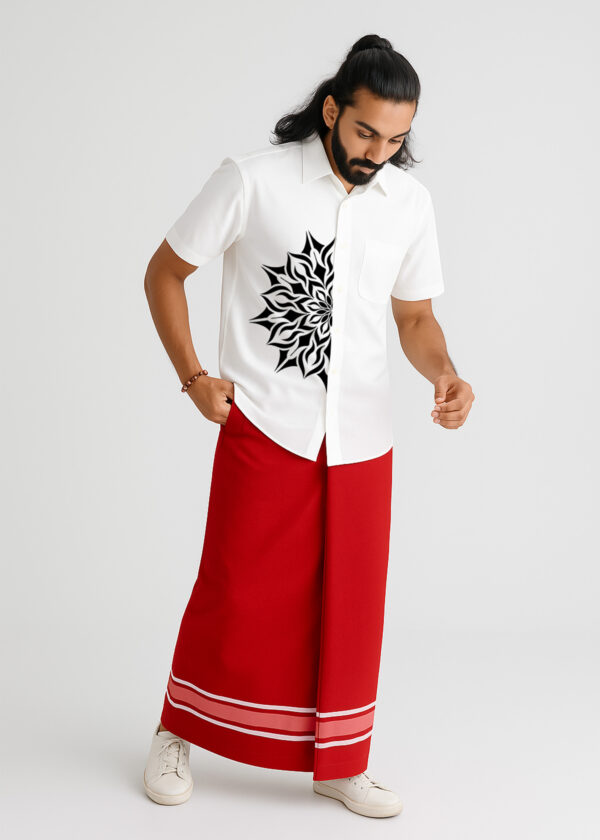 Man wearing white shirt and red mundu combo outfit for Onam festival Kerala